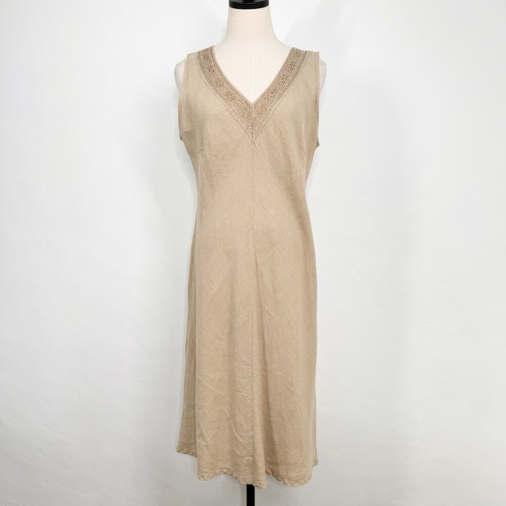 Cut Loose Embroidered Linen Dress Tan Midi Linen Lagenlook Minimalist Size L